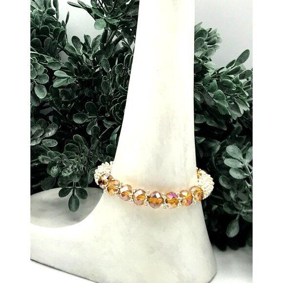 Vintage Glass orange beads Gold Crystal & Pearl Beaded Stretch Bracelet - Picture 2 of 3